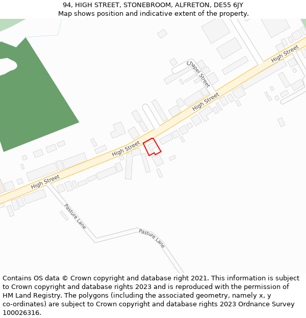 94, HIGH STREET, STONEBROOM, ALFRETON, DE55 6JY: Location map and indicative extent of plot