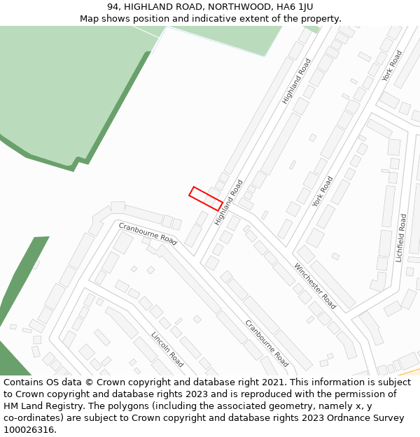 94, HIGHLAND ROAD, NORTHWOOD, HA6 1JU: Location map and indicative extent of plot