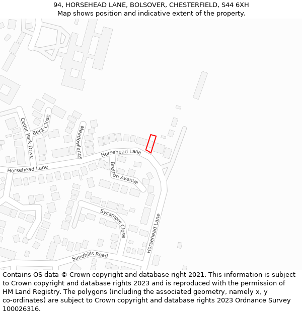 94, HORSEHEAD LANE, BOLSOVER, CHESTERFIELD, S44 6XH: Location map and indicative extent of plot