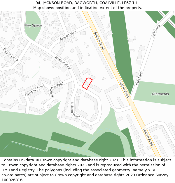 94, JACKSON ROAD, BAGWORTH, COALVILLE, LE67 1HL: Location map and indicative extent of plot