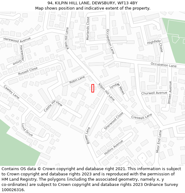 94, KILPIN HILL LANE, DEWSBURY, WF13 4BY: Location map and indicative extent of plot