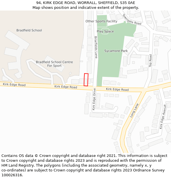 94, KIRK EDGE ROAD, WORRALL, SHEFFIELD, S35 0AE: Location map and indicative extent of plot