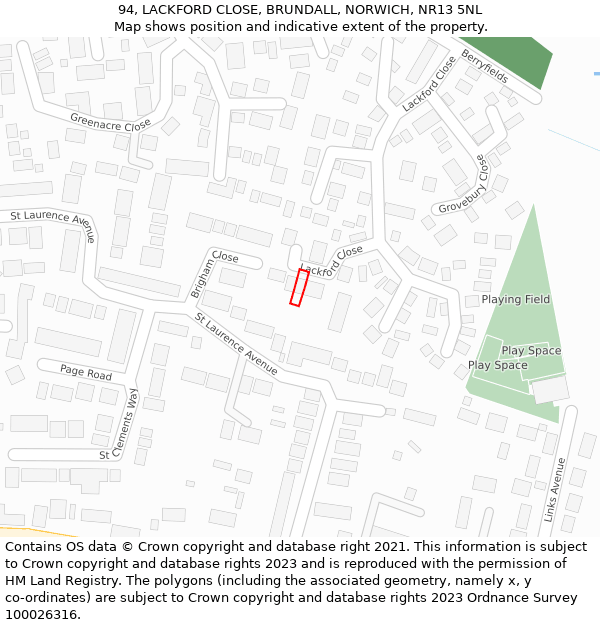 94, LACKFORD CLOSE, BRUNDALL, NORWICH, NR13 5NL: Location map and indicative extent of plot