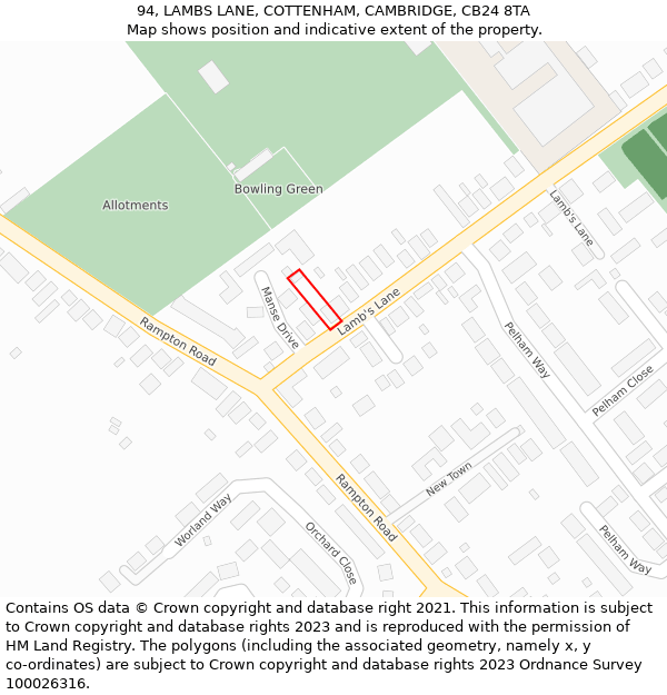 94, LAMBS LANE, COTTENHAM, CAMBRIDGE, CB24 8TA: Location map and indicative extent of plot
