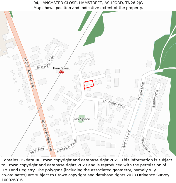 94, LANCASTER CLOSE, HAMSTREET, ASHFORD, TN26 2JG: Location map and indicative extent of plot
