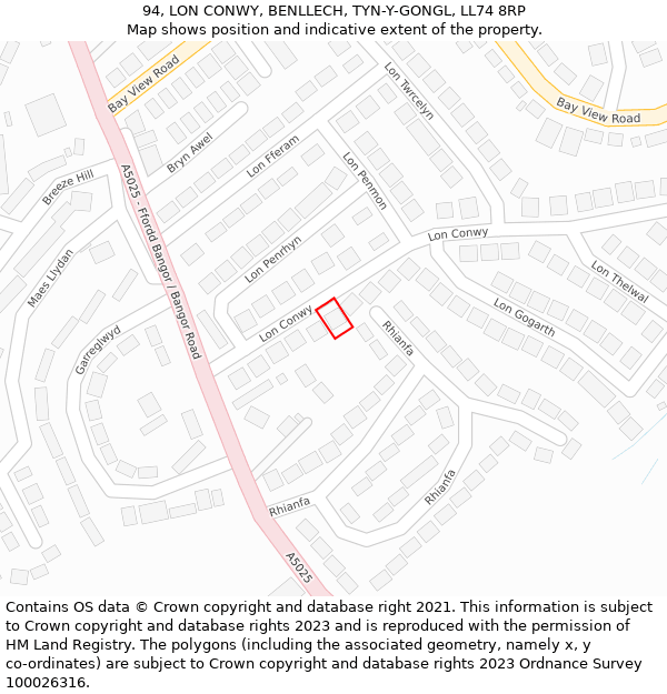 94, LON CONWY, BENLLECH, TYN-Y-GONGL, LL74 8RP: Location map and indicative extent of plot