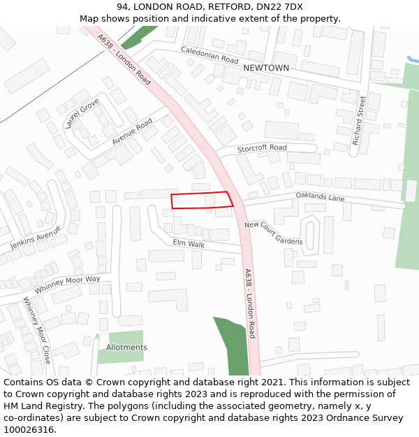 94, LONDON ROAD, RETFORD, DN22 7DX: Location map and indicative extent of plot