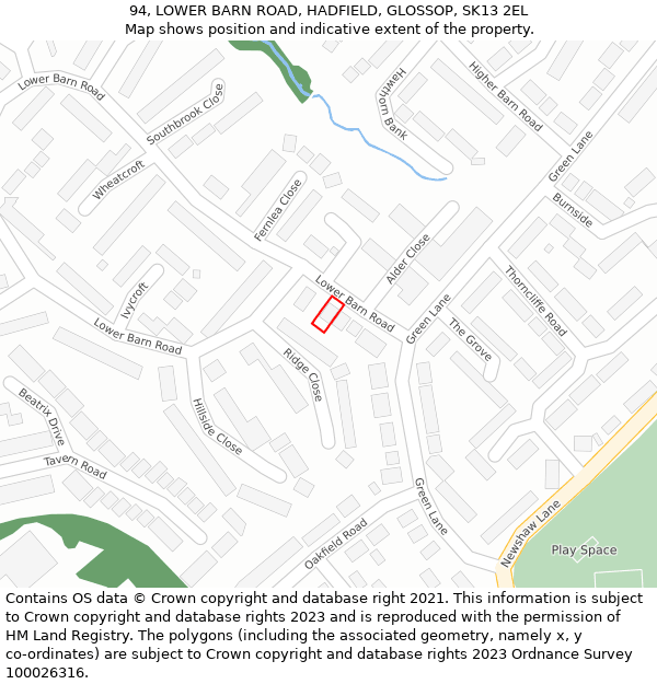 94, LOWER BARN ROAD, HADFIELD, GLOSSOP, SK13 2EL: Location map and indicative extent of plot