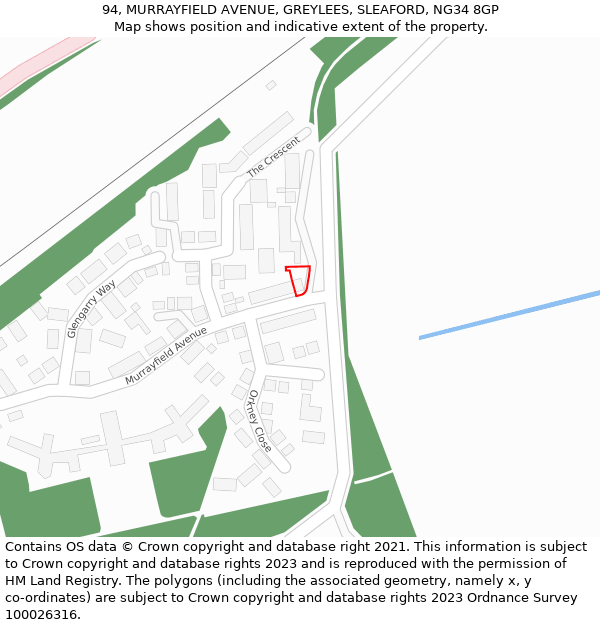 94, MURRAYFIELD AVENUE, GREYLEES, SLEAFORD, NG34 8GP: Location map and indicative extent of plot