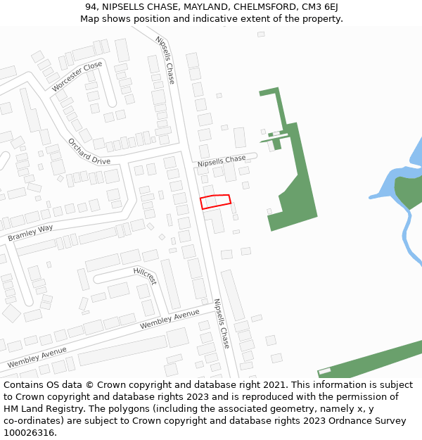 94, NIPSELLS CHASE, MAYLAND, CHELMSFORD, CM3 6EJ: Location map and indicative extent of plot