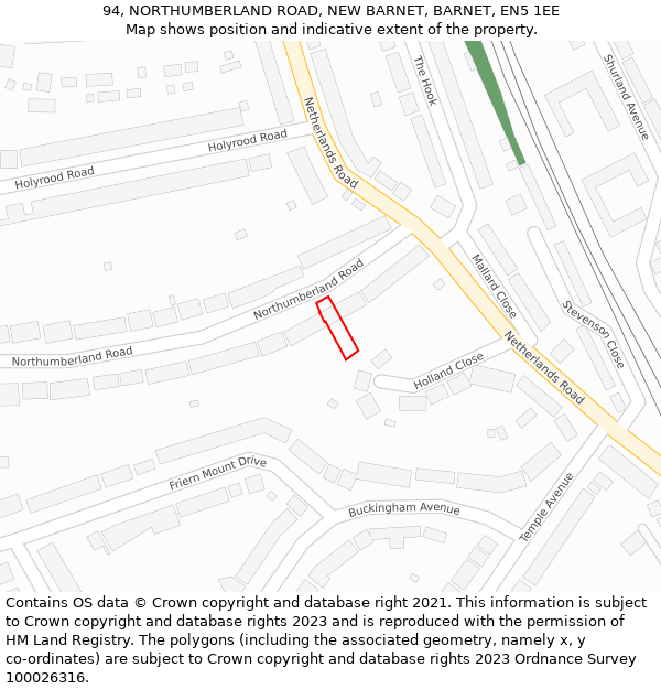 94, NORTHUMBERLAND ROAD, NEW BARNET, BARNET, EN5 1EE: Location map and indicative extent of plot