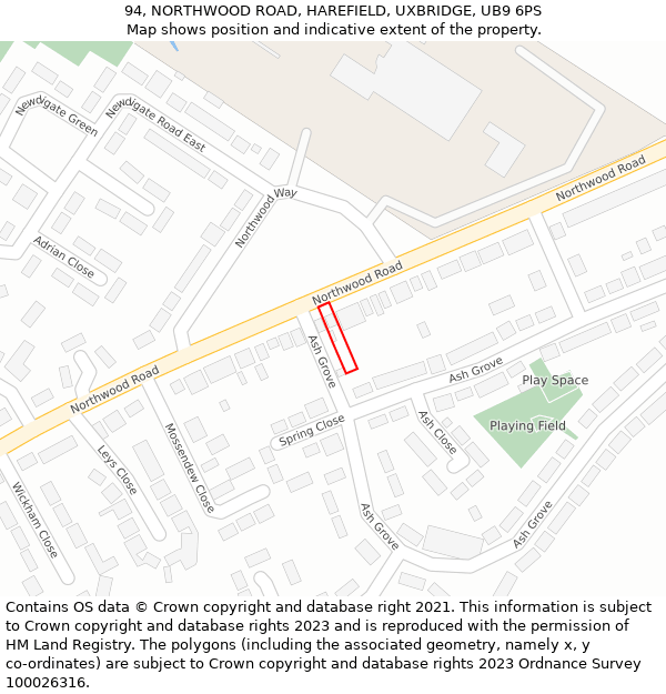 94, NORTHWOOD ROAD, HAREFIELD, UXBRIDGE, UB9 6PS: Location map and indicative extent of plot