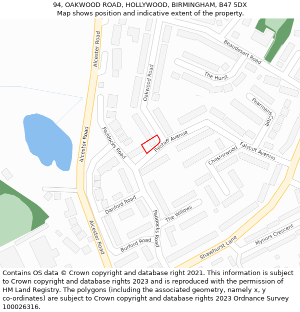 94, OAKWOOD ROAD, HOLLYWOOD, BIRMINGHAM, B47 5DX: Location map and indicative extent of plot