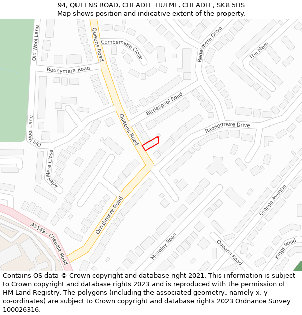 94, QUEENS ROAD, CHEADLE HULME, CHEADLE, SK8 5HS: Location map and indicative extent of plot