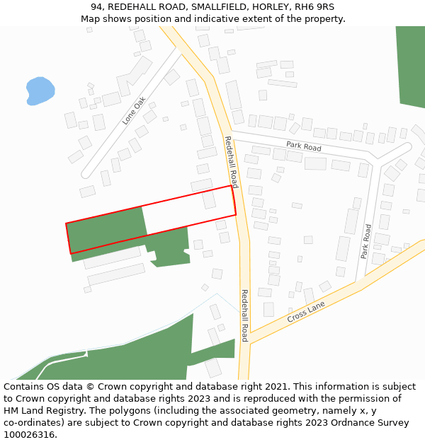 94, REDEHALL ROAD, SMALLFIELD, HORLEY, RH6 9RS: Location map and indicative extent of plot