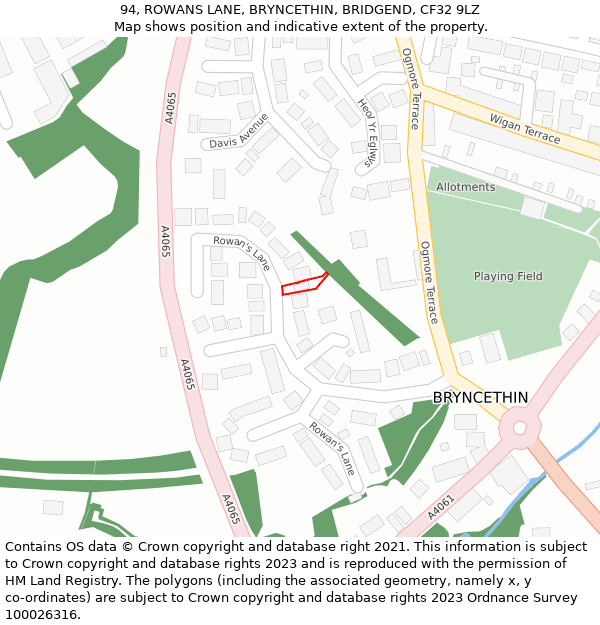 94, ROWANS LANE, BRYNCETHIN, BRIDGEND, CF32 9LZ: Location map and indicative extent of plot