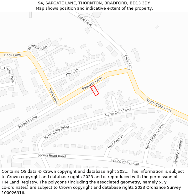 94, SAPGATE LANE, THORNTON, BRADFORD, BD13 3DY: Location map and indicative extent of plot