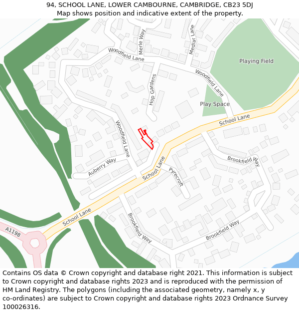 94, SCHOOL LANE, LOWER CAMBOURNE, CAMBRIDGE, CB23 5DJ: Location map and indicative extent of plot