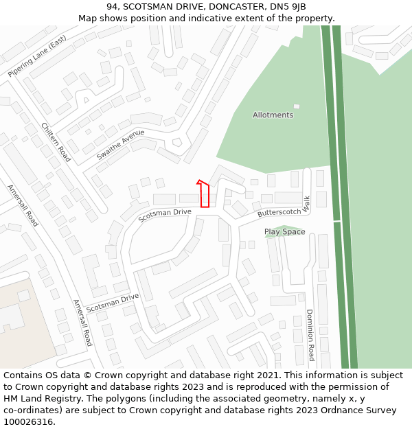 94, SCOTSMAN DRIVE, DONCASTER, DN5 9JB: Location map and indicative extent of plot