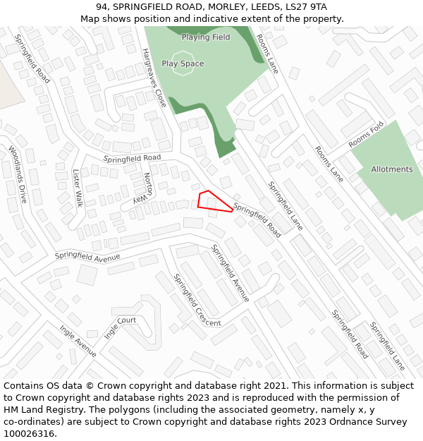 94, SPRINGFIELD ROAD, MORLEY, LEEDS, LS27 9TA: Location map and indicative extent of plot