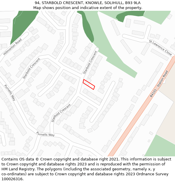 94, STARBOLD CRESCENT, KNOWLE, SOLIHULL, B93 9LA: Location map and indicative extent of plot