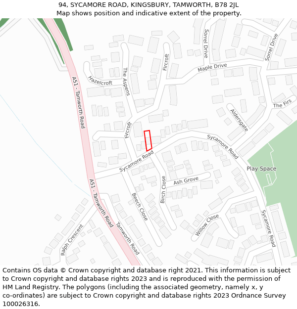 94, SYCAMORE ROAD, KINGSBURY, TAMWORTH, B78 2JL: Location map and indicative extent of plot