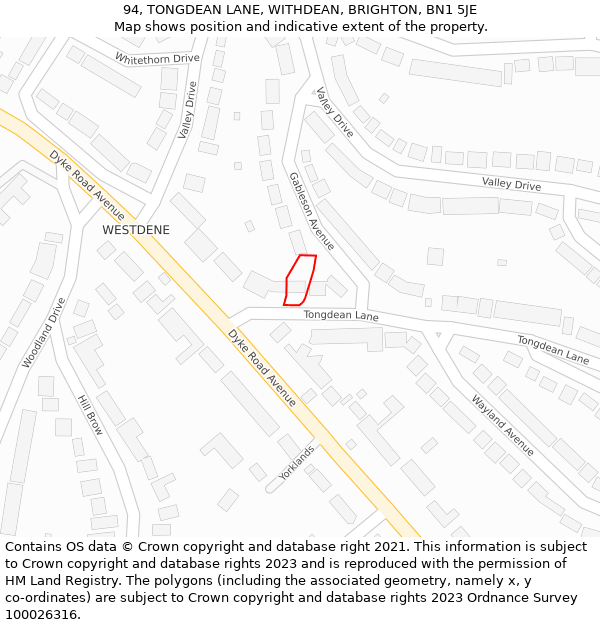 94, TONGDEAN LANE, WITHDEAN, BRIGHTON, BN1 5JE: Location map and indicative extent of plot