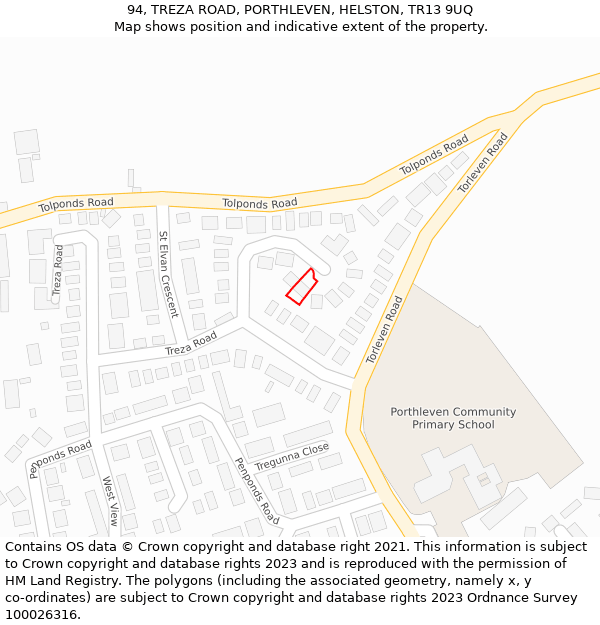 94, TREZA ROAD, PORTHLEVEN, HELSTON, TR13 9UQ: Location map and indicative extent of plot