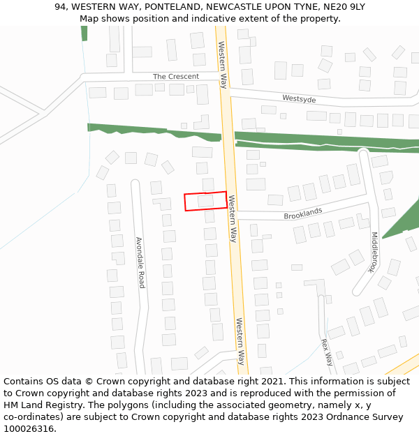 94, WESTERN WAY, PONTELAND, NEWCASTLE UPON TYNE, NE20 9LY: Location map and indicative extent of plot