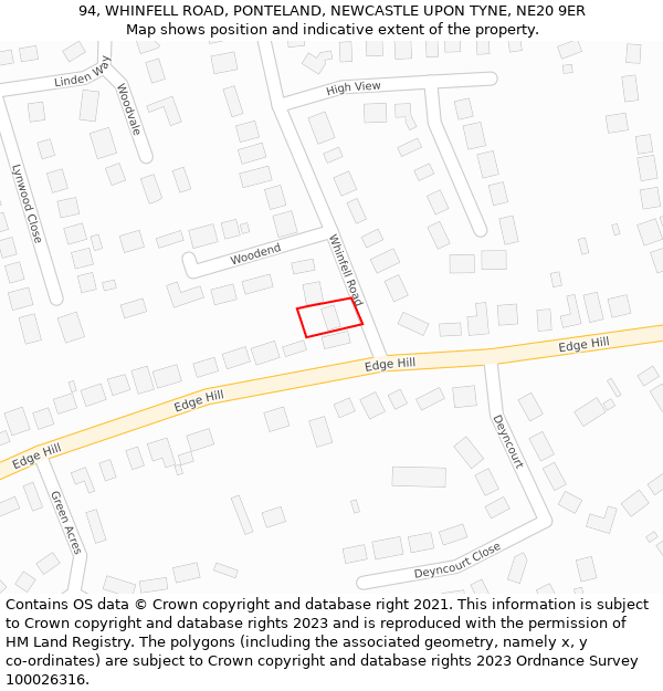 94, WHINFELL ROAD, PONTELAND, NEWCASTLE UPON TYNE, NE20 9ER: Location map and indicative extent of plot