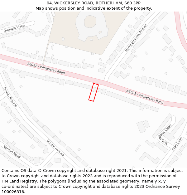 94, WICKERSLEY ROAD, ROTHERHAM, S60 3PP: Location map and indicative extent of plot