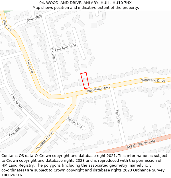 94, WOODLAND DRIVE, ANLABY, HULL, HU10 7HX: Location map and indicative extent of plot