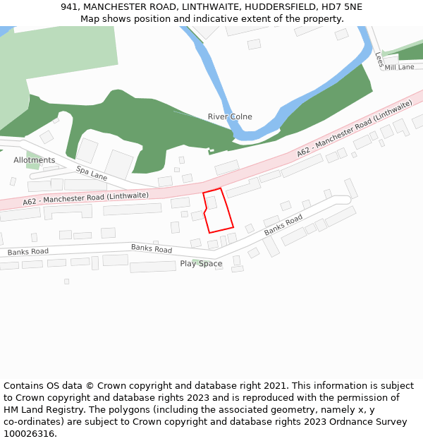 941, MANCHESTER ROAD, LINTHWAITE, HUDDERSFIELD, HD7 5NE: Location map and indicative extent of plot