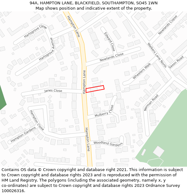 94A, HAMPTON LANE, BLACKFIELD, SOUTHAMPTON, SO45 1WN: Location map and indicative extent of plot