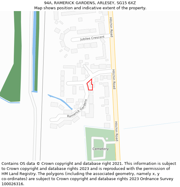 94A, RAMERICK GARDENS, ARLESEY, SG15 6XZ: Location map and indicative extent of plot