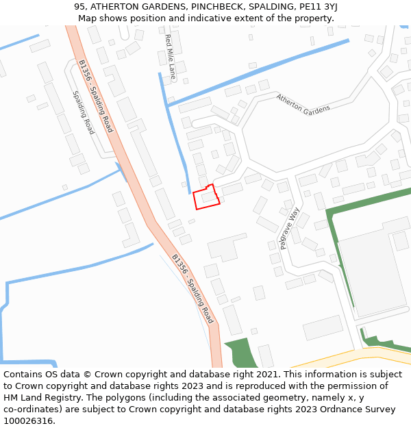 95, ATHERTON GARDENS, PINCHBECK, SPALDING, PE11 3YJ: Location map and indicative extent of plot
