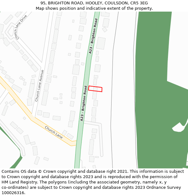 95, BRIGHTON ROAD, HOOLEY, COULSDON, CR5 3EG: Location map and indicative extent of plot