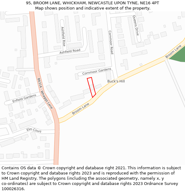 95, BROOM LANE, WHICKHAM, NEWCASTLE UPON TYNE, NE16 4PT: Location map and indicative extent of plot