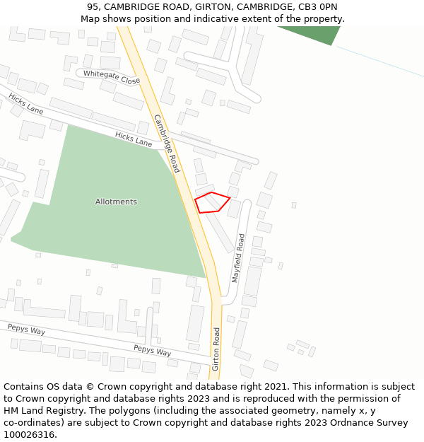 95, CAMBRIDGE ROAD, GIRTON, CAMBRIDGE, CB3 0PN: Location map and indicative extent of plot