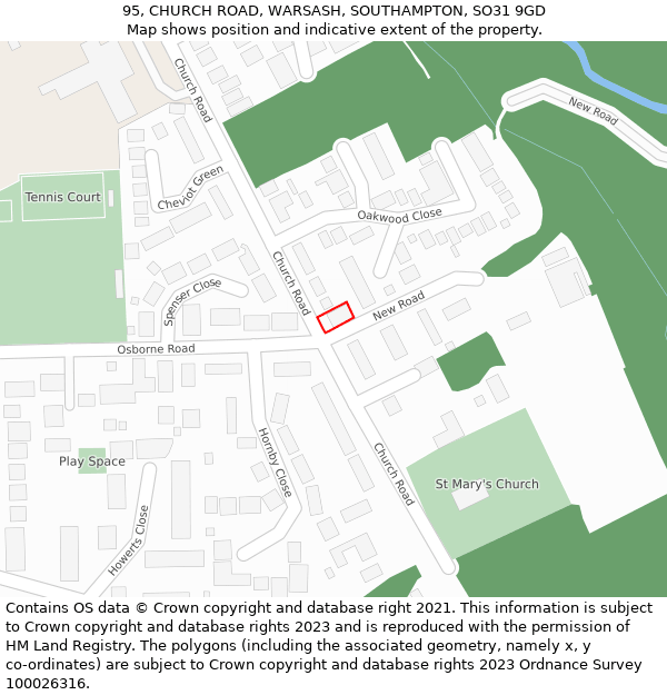 95, CHURCH ROAD, WARSASH, SOUTHAMPTON, SO31 9GD: Location map and indicative extent of plot