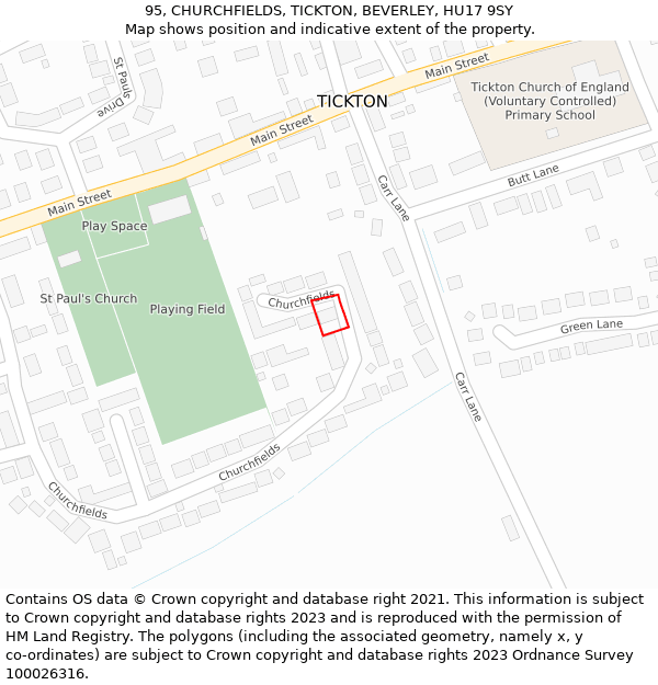 95, CHURCHFIELDS, TICKTON, BEVERLEY, HU17 9SY: Location map and indicative extent of plot