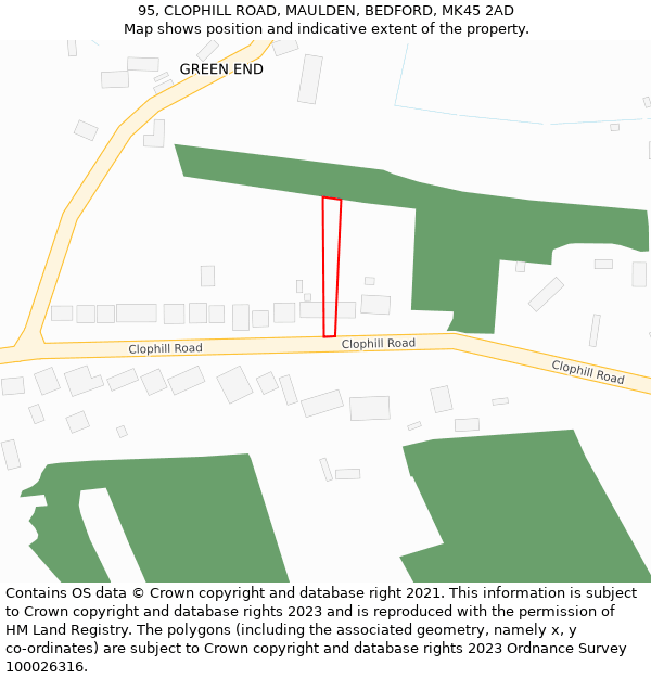 95, CLOPHILL ROAD, MAULDEN, BEDFORD, MK45 2AD: Location map and indicative extent of plot