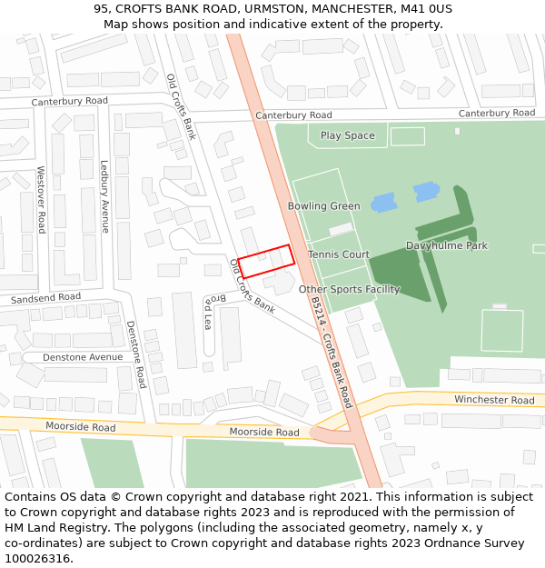 95, CROFTS BANK ROAD, URMSTON, MANCHESTER, M41 0US: Location map and indicative extent of plot