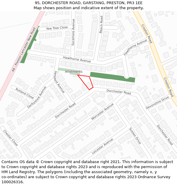 95, DORCHESTER ROAD, GARSTANG, PRESTON, PR3 1EE: Location map and indicative extent of plot