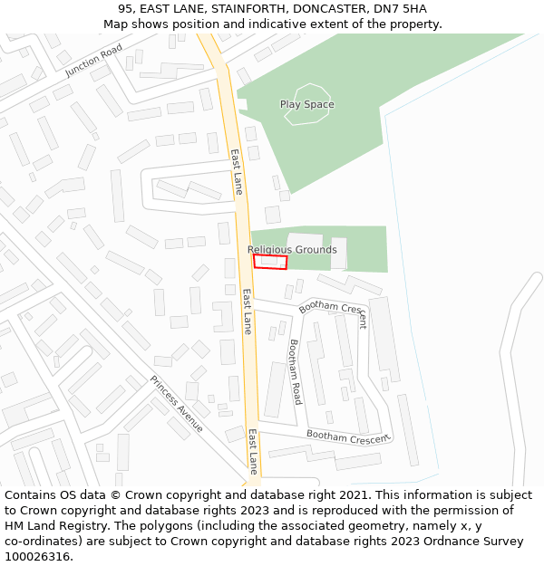 95, EAST LANE, STAINFORTH, DONCASTER, DN7 5HA: Location map and indicative extent of plot
