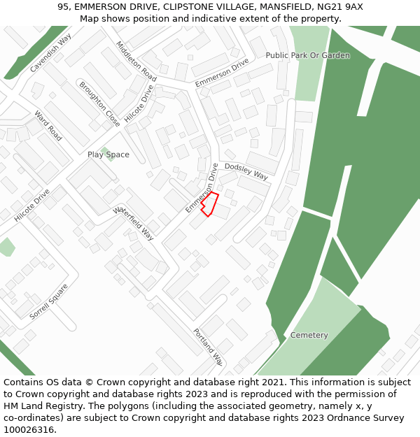 95, EMMERSON DRIVE, CLIPSTONE VILLAGE, MANSFIELD, NG21 9AX: Location map and indicative extent of plot
