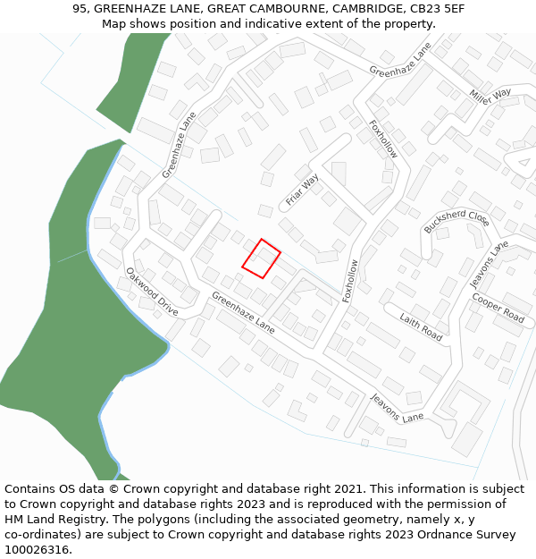 95, GREENHAZE LANE, GREAT CAMBOURNE, CAMBRIDGE, CB23 5EF: Location map and indicative extent of plot