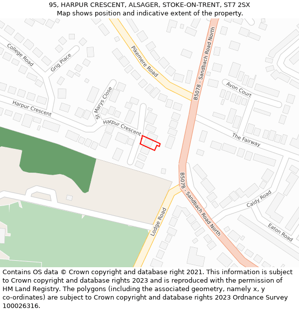 95, HARPUR CRESCENT, ALSAGER, STOKE-ON-TRENT, ST7 2SX: Location map and indicative extent of plot