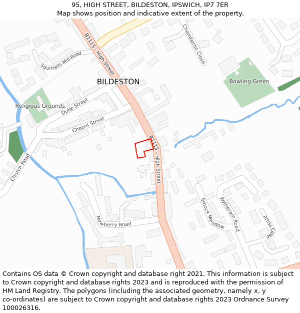 95, HIGH STREET, BILDESTON, IPSWICH, IP7 7ER: Location map and indicative extent of plot