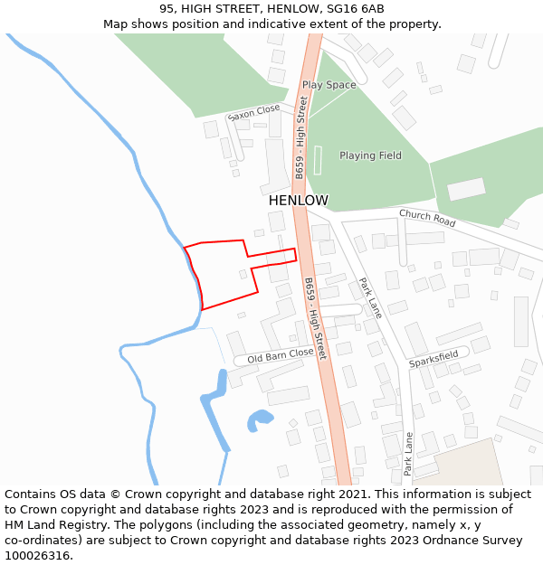 95, HIGH STREET, HENLOW, SG16 6AB: Location map and indicative extent of plot
